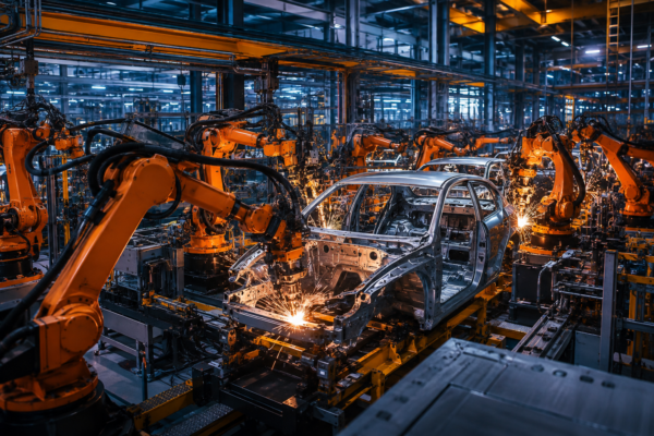 Industrial robots operating on an automotive production line