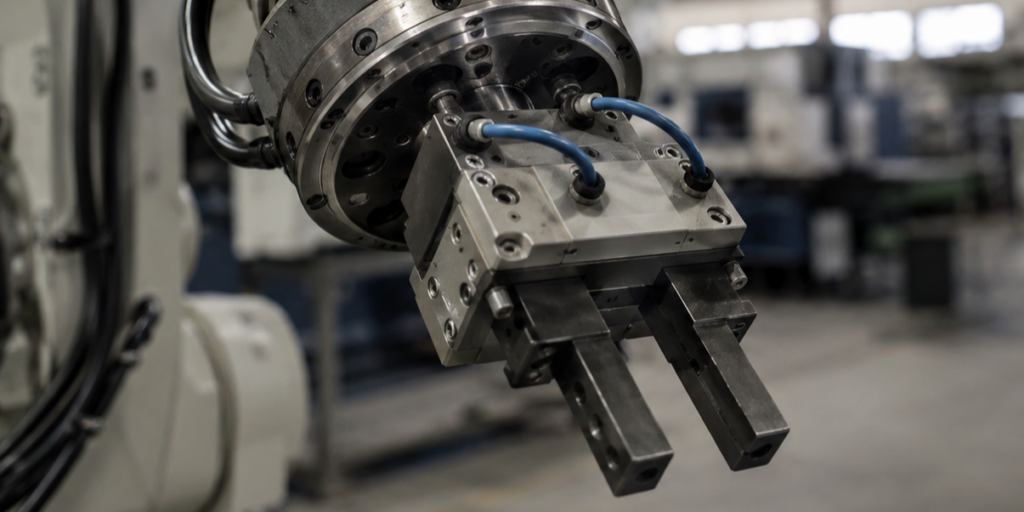 Close-up of the tool flange at the wrist of an industrial robot arm with a gripper mounted